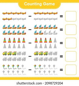 Count and match, count the number of Pyramid Toy, Train, Kite, Plane, Boat and match with the right numbers. Educational children game, printable worksheet, vector illustration
