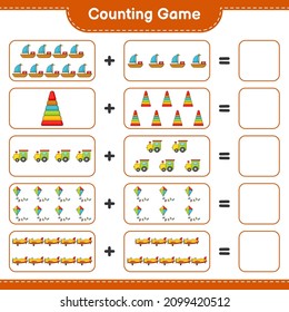 Count and match, count the number of Pyramid Toy, Train, Kite, Plane, Boat and match with the right numbers. Educational children game, printable worksheet, vector illustration
