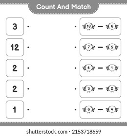 Contar y coincidir, contar el número de Banderas de carreras y coincidir con los números correctos. Juego infantil educativo, hoja de cálculo imprimible, ilustración vectorial