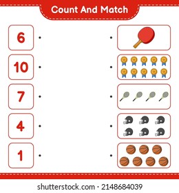 Count and match, count the number of Racket, Basketball, Trophy, Helmet and match with the right numbers. Educational children game, printable worksheet, vector illustration