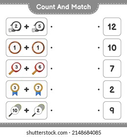 Count and match, count the number of Racket, Basketball, Trophy, Helmet and match with the right numbers. Educational children game, printable worksheet, vector illustration