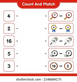 Count and match, count the number of Racket, Basketball, Trophy, Helmet and match with the right numbers. Educational children game, printable worksheet, vector illustration