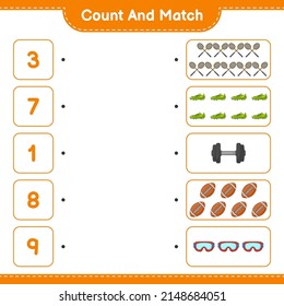 Count and match, count the number of Rackets, Dumbbell, Rugby Ball, Goggle, Shoes and match with the right numbers. Educational children game, printable worksheet, vector illustration