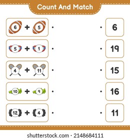 Count and match, count the number of Rackets, Dumbbell, Rugby Ball, Goggle, Shoes and match with the right numbers. Educational children game, printable worksheet, vector illustration