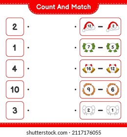 Count and match, count the number of Ribbon, Hat, Christmas Bell, Cookies and match with the right numbers. Educational children game, printable worksheet, vector illustration