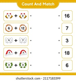 Count and match, count the number of Ribbon, Hat, Christmas Bell, Cookies and match with the right numbers. Educational children game, printable worksheet, vector illustration