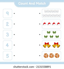 Count and match, count the number of Ribbon, Hat, Christmas Bell, Cookies and match with the right numbers. Educational children game, printable worksheet, vector illustration