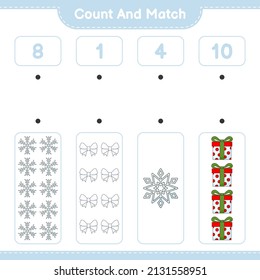 Count and match, count the number of Ribbon, Snowflake, Gift Box and match with the right numbers. Educational children game, printable worksheet, vector illustration