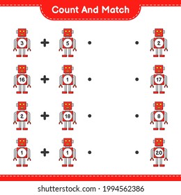Count and match, count the number of Robot Character and match with the right numbers. Educational children game, printable worksheet, vector illustration