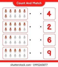 Zählen Sie die Anzahl der Robot-Zeichen und stimmen Sie mit den richtigen Zahlen überein. Kinderspiel, druckbares Arbeitsblatt, Vektorgrafik