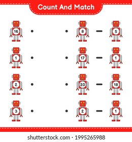 Count and match, count the number of Robot Character and match with the right numbers. Educational children game, printable worksheet, vector illustration