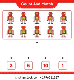 Count and match, count the number of Robot Character and match with the right numbers. Educational children game, printable worksheet, vector illustration
