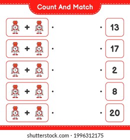 Count and match, count the number of Robot Character and match with the right numbers. Educational children game, printable worksheet, vector illustration