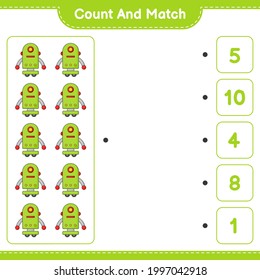 Count and match, count the number of Robot Character and match with the right numbers. Educational children game, printable worksheet, vector illustration