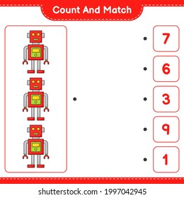 Count and match, count the number of Robot Character and match with the right numbers. Educational children game, printable worksheet, vector illustration