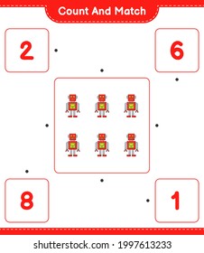 Count and match, count the number of Robot Character and match with the right numbers. Educational children game, printable worksheet, vector illustration
