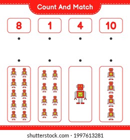 Count and match, count the number of Robot Character and match with the right numbers. Educational children game, printable worksheet, vector illustration