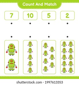 Count and match, count the number of Robot Character and match with the right numbers. Educational children game, printable worksheet, vector illustration