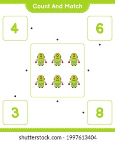 Count and match, count the number of Robot Character and match with the right numbers. Educational children game, printable worksheet, vector illustration