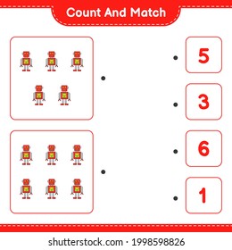 Count and match, count the number of Robot Character and match with the right numbers. Educational children game, printable worksheet, vector illustration