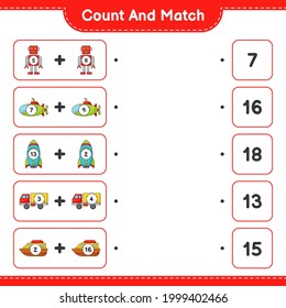 Contar y coincidir, contar el número de caracteres Robot, submarinos, cohetes, camiones, barcos y coincidir con los números correctos. Juego infantil educativo, hoja de cálculo imprimible, ilustración vectorial
