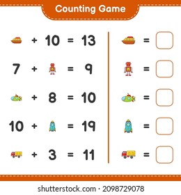 Count and match, count the number of Robot Character, Submarine, Rocket, Lorry, Boat and match with the right numbers. Educational children game, printable worksheet, vector illustration