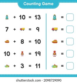 Count and match, count the number of Robot Character, Submarine, Rocket, Lorry, Boat and match with the right numbers. Educational children game, printable worksheet, vector illustration