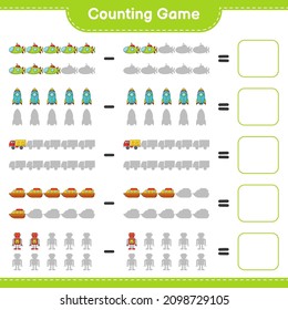 Count and match, count the number of Robot Character, Submarine, Rocket, Lorry, Boat and match with the right numbers. Educational children game, printable worksheet, vector illustration