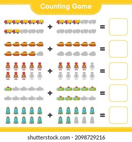 Count and match, count the number of Robot Character, Submarine, Rocket, Lorry, Boat and match with the right numbers. Educational children game, printable worksheet, vector illustration