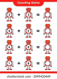 Count and match, count the number of Robot Character and match with the right numbers. Educational children game, printable worksheet, vector illustration