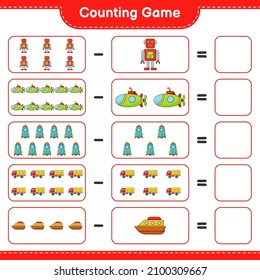 Count and match, count the number of Robot Character, Submarine, Rocket, Lorry, Boat and match with the right numbers. Educational children game, printable worksheet, vector illustration