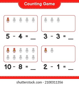 Count and match, count the number of Robot Character and match with the right numbers. Educational children game, printable worksheet, vector illustration