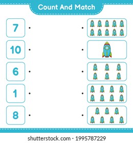 Contar y coincidir, contar el número de cohete y coincidir con los números correctos. Juego infantil educativo, hoja de cálculo imprimible, ilustración vectorial