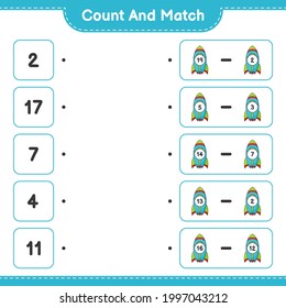 Contar y coincidir, contar el número de cohete y coincidir con los números correctos. Juego infantil educativo, hoja de cálculo imprimible, ilustración vectorial