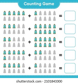 Contar y coincidir, contar el número de cohete y coincidir con los números correctos. Juego infantil educativo, hoja de cálculo imprimible, ilustración vectorial
