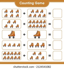 Contar y coincidir, contar el número de Roller Skate y coincidir con los números correctos. Juego infantil educativo, hoja de cálculo imprimible, ilustración vectorial