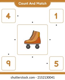Contar y coincidir, contar el número de Roller Skate y coincidir con los números correctos. Juego infantil educativo, hoja de cálculo imprimible, ilustración vectorial