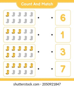 Count and match, count the number of Rubber Boots and match with the right numbers. Educational children game, printable worksheet, vector illustration