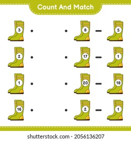 Count and match, count the number of Rubber Boots and match with the right numbers. Educational children game, printable worksheet, vector illustration