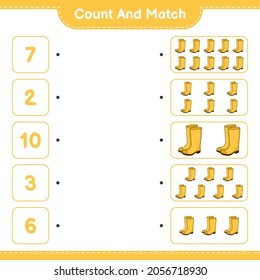 Count and match, count the number of Rubber Boots and match with the right numbers. Educational children game, printable worksheet, vector illustration