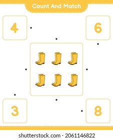 Count and match, count the number of Rubber Boots and match with the right numbers. Educational children game, printable worksheet, vector illustration
