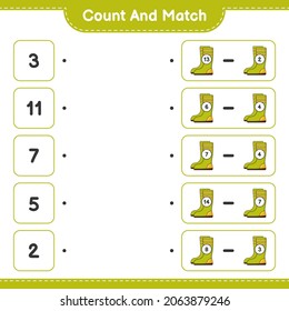 Count and match, count the number of Rubber Boots and match with the right numbers. Educational children game, printable worksheet, vector illustration