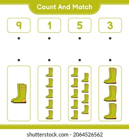 Contar y coincidir, contar el número de surcos de goma y coincidir con los números correctos. Juego infantil educativo, hoja de cálculo imprimible, ilustración vectorial
