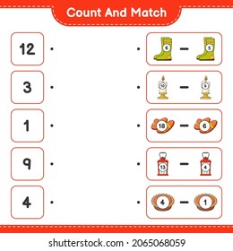 Count and match, count the number of Rubber Boots, Candle, Slippers, Lantern, Pie and match with the right numbers. Educational children game, printable worksheet, vector illustration