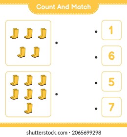 Count and match, count the number of Rubber Boots and match with the right numbers. Educational children game, printable worksheet, vector illustration