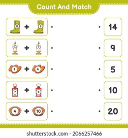 Count and match, count the number of Rubber Boots, Candle, Slippers, Lantern, Pie and match with the right numbers. Educational children game, printable worksheet, vector illustration