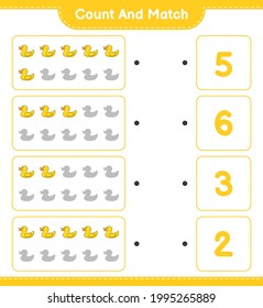 Count and match, count the number of Rubber Duck and match with the right numbers. Educational children game, printable worksheet, vector illustration