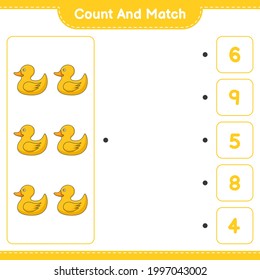 Count and match, count the number of Rubber Duck and match with the right numbers. Educational children game, printable worksheet, vector illustration