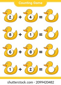 Contar y coincidir, contar el número de Pato de goma y coincidir con los números correctos. Juego infantil educativo, hoja de cálculo imprimible, ilustración vectorial