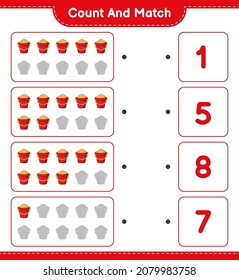 Contar y coincidir, contar el número de cubo de arena y coincidir con los números correctos. Juego infantil educativo, hoja de cálculo imprimible, ilustración vectorial